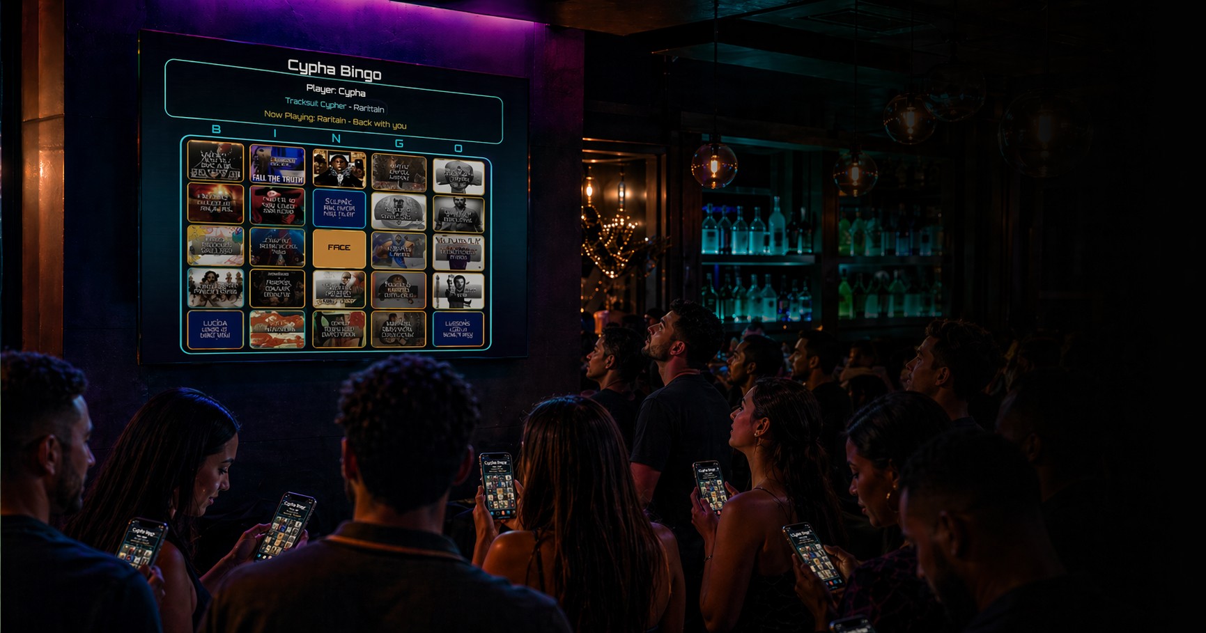 Bar crowd playing Cypha Bingo on their phones with the bigscreen leaderboard